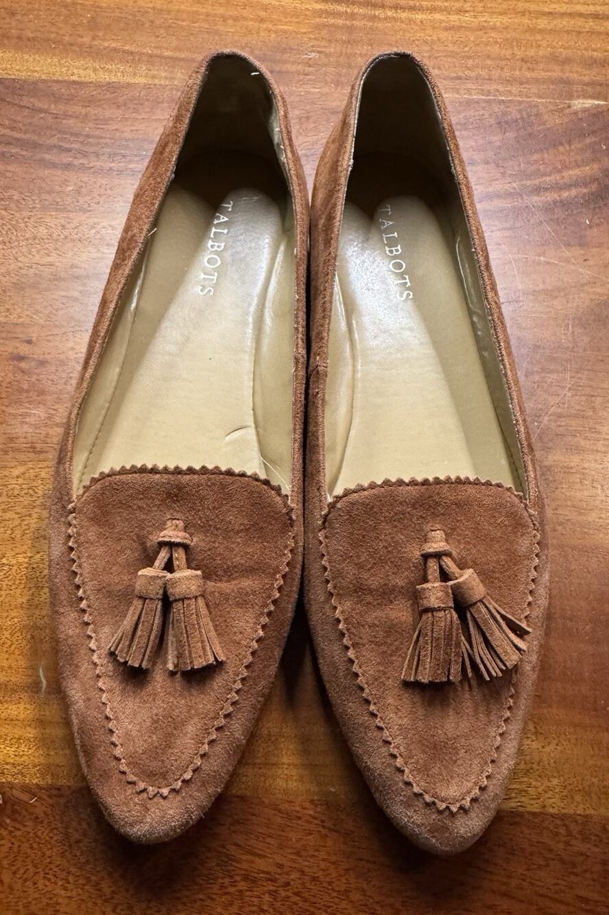 Talbots Brown Suede Leather Tassel Loafers Casual Preppy Academia Old Money 9AA